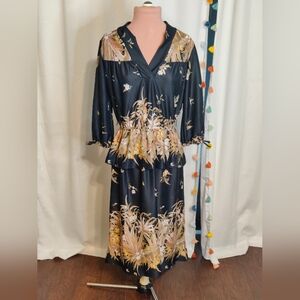 70s moody black  floral peplum midi dress upscale Winter goth Vintage S/M modest